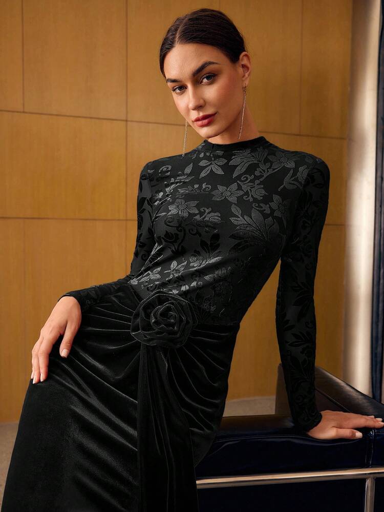 WOMEN'S VELVET JACQUARD FLORAL DECOR FITTED LONG DRESS, AUTUMN/WINTER