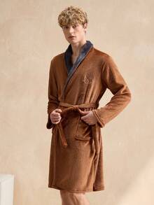 EverLounge 撞色领抓绒双口袋男士系带浴袍，蓬松冬季款 - 棕色 - 查看 3