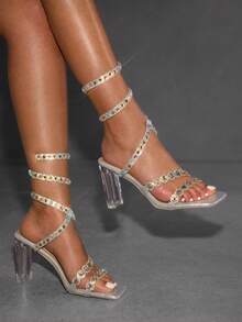 CUCCOO SZL Damen Strass-Dekor Quadratische Zehenkappe Modische Luxuriöse Elegante High Heel Sandalen - Silber - Übersicht 3