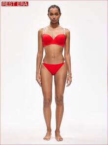 Rest Era Soutien-gorge à bretelles fines avec imprimé cœur et lettres pour femmes - Rouge - Voir 3