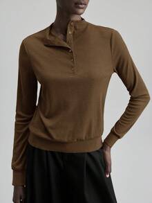 Ontre 2026 Spring/Summer New Commuter Coffee Brown Straight Collar Half-Placket Shell Button Decor Knit Rib Splice T-Shirt - Brown - View 5