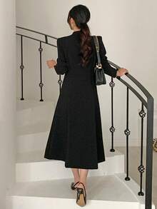 DAZY Đầm maxi nữ thanh lịch, trang nhã, đơn giản, đa năng, màu trơn, cổ shawl, cài cúc hai hàng, eo thon. - màu đen - Xem 5