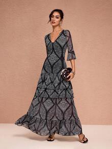 JIAN LASALA All-Over Print Mesh V Neck Ruffled Sleeves Layered Maxi Dress Women Party Vacation Holiday Wear Maxi Dresses With Sleeve Tiered Maxi Dress Boho Maxi Dress Women Long Boho Dress Beach Wedding Guest - Black and White - View 7