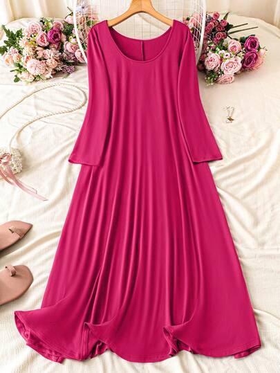 DreamSkyne 女士加大码宽松圆领长袖连衣裙，圣诞节酒红色长款女装