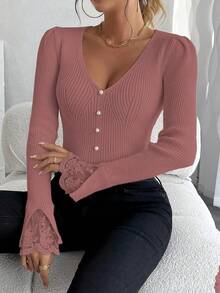 EMERY ROSE Áo len dệt kim tay bồng cổ chữ V phối ren Pháp, đính ngọc trai, dài tay - Màu Hồng  San hô - Xem 7