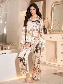 LuxeNights 女士优雅花卉印花仿丝翻领开衫和裤子睡衣套装 - 彩色 - 查看 4