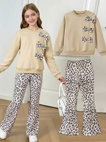 2pcs/Set Tween Girls Casual Leopard Print 3D Bow Decor Long Sleeve Thick Sweatshirt And Flared Pants Set, For Home & School - Apricot - View 1