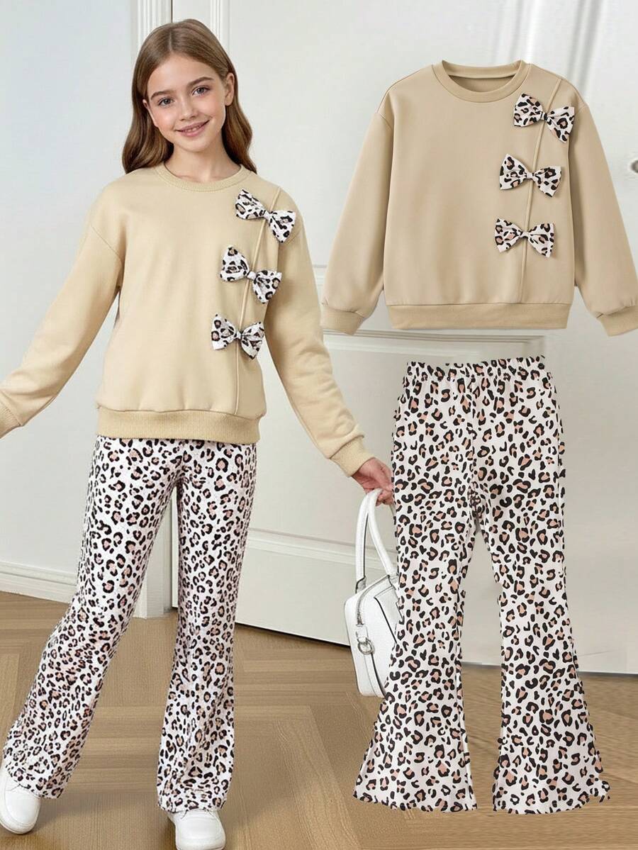2pcs/Set Tween Girls Casual Leopard Print 3D Bow Decor Long Sleeve Thick Sweatshirt And Flared Pants Set, For Home & School - Apricot - View 1