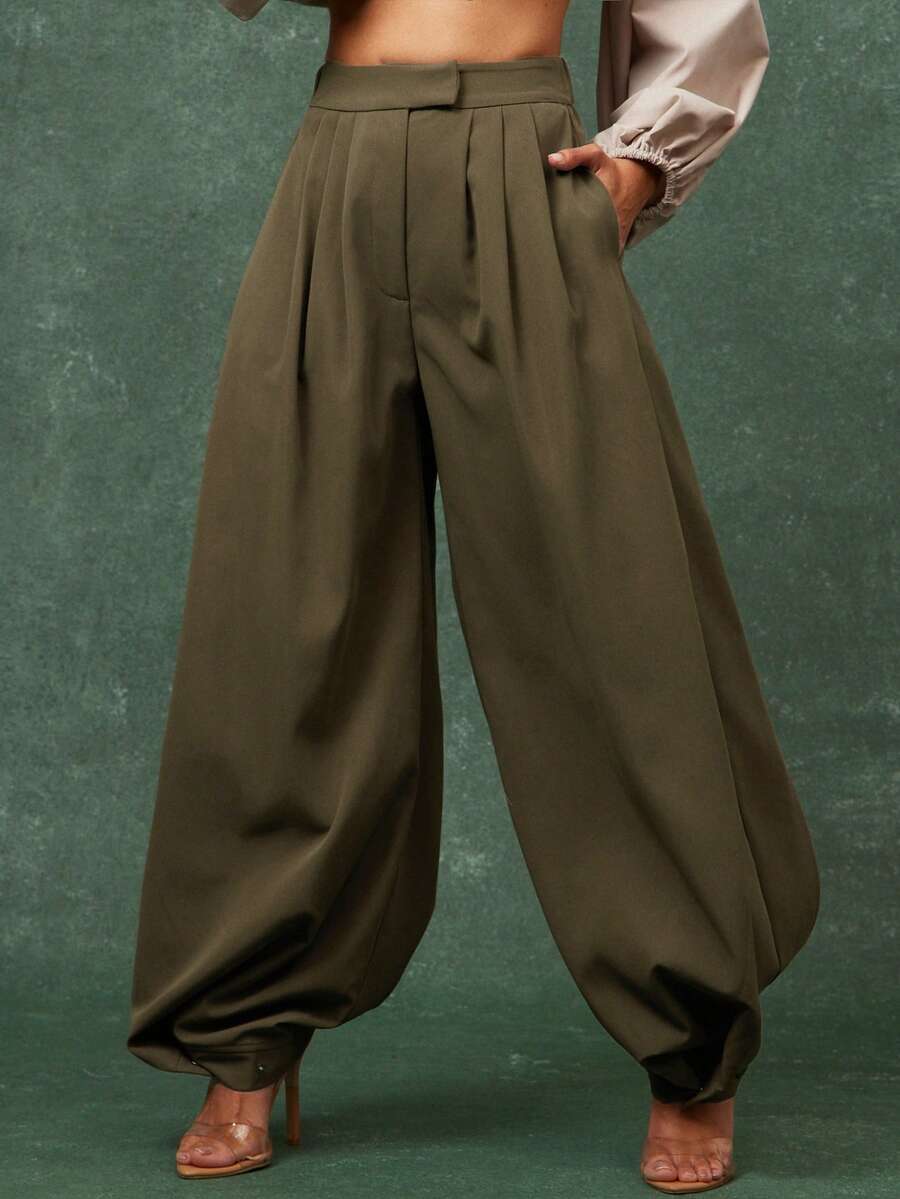 Vixey Cuffed Hem Pleated High Waist Baggy Harem Office Pants
