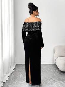 Elenzga Váy maxi dài tay trễ vai bằng nhung đen đính sequin cỡ lớn dành cho nữ, váy dài tay trễ vai bằng nhung đính sequin vá, kiểu dáng cổ điển thanh lịch quyến rũ, kết hợp gợi cảm và thanh lịch, phù hợp cho dạ tiệc, tiệc trang trọng, lựa chọn của Nữ hoàng tiệc tùng - màu đen - Xem 7