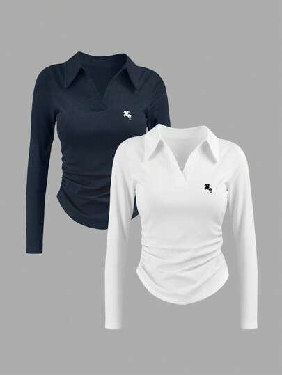 INAWLY Polo Collar Plus Size Super Loose Women's Knight Print Gathered Waist Slim Fit Long Sleeve T-Shirt Two Pieces Set, Suitable For Autumn, New Style, Fashionable T-Shirt, Holiday Gift, Gift For Siblings, Gift For Sisters,Gift For Mom, Mother's Day Gift, Casual, Simple, Fashionable Top,Two Pieces Combination Set