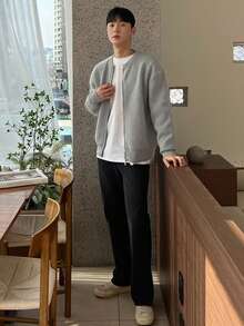 DAZY Men's Solid Gray Zip-Up Cardigan Sweater, Autumn/Winter - Grey - View 5