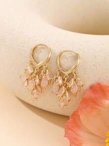 Enchnt 1 par de elegantes y lujosos pendientes de aro con gota de agua, corazón, flor y circonita redonda en oro, plata, rosa, multicolor, melocotón y blanco, de alta calidad y versátiles, adecuados para uso diario, bodas, galas, fiestas y regalos para amigas - Pendientes de jade rosa con múltiples circonitas - Ver 1