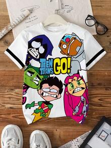 Teen Titans Go X SHEIN 青少年男孩夏季休闲卡通字母图案短袖T恤 - 白色 - 查看 1