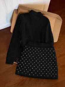 Franclia 女士优雅蝴蝶结毛衣波点半裙两件套，秋冬款 - 黑色 - 查看 2