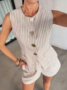 Lavishia Conjunto de 2 piezas de blusa ajustada de un solo pecho con estampado de rayas y pantalones cortos, estilo casual de verano para mujer - Multicolor - Ver 6