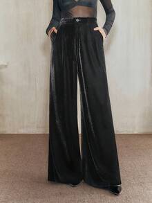 Anewsta Autumn/Winter Stylish Loose Fit Velvet Wide Leg Pants For Women, Elegant Business, Chic - Black - View 5