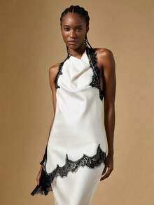 Briarwyn White Elegant Satin Lace Trim Backless Mini Dress For Women, Halter Neck Party Evening Dress - White - View 3