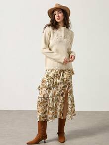 MYSTAURA Fashionable 3D Floral Loose Casual Stand Collar Knit Sweater - Beige - View 5