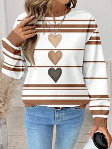 SHEIN LUNE Áo sweatshirt nữ dáng rộng, mỏng, cổ tròn, tay dài, màu nâu nhạt, in hình 3 trái tim, phong cách tối giản, thích hợp cho mùa thu/đông, kiểu dáng thường ngày. - Nhiều màu - Xem 3