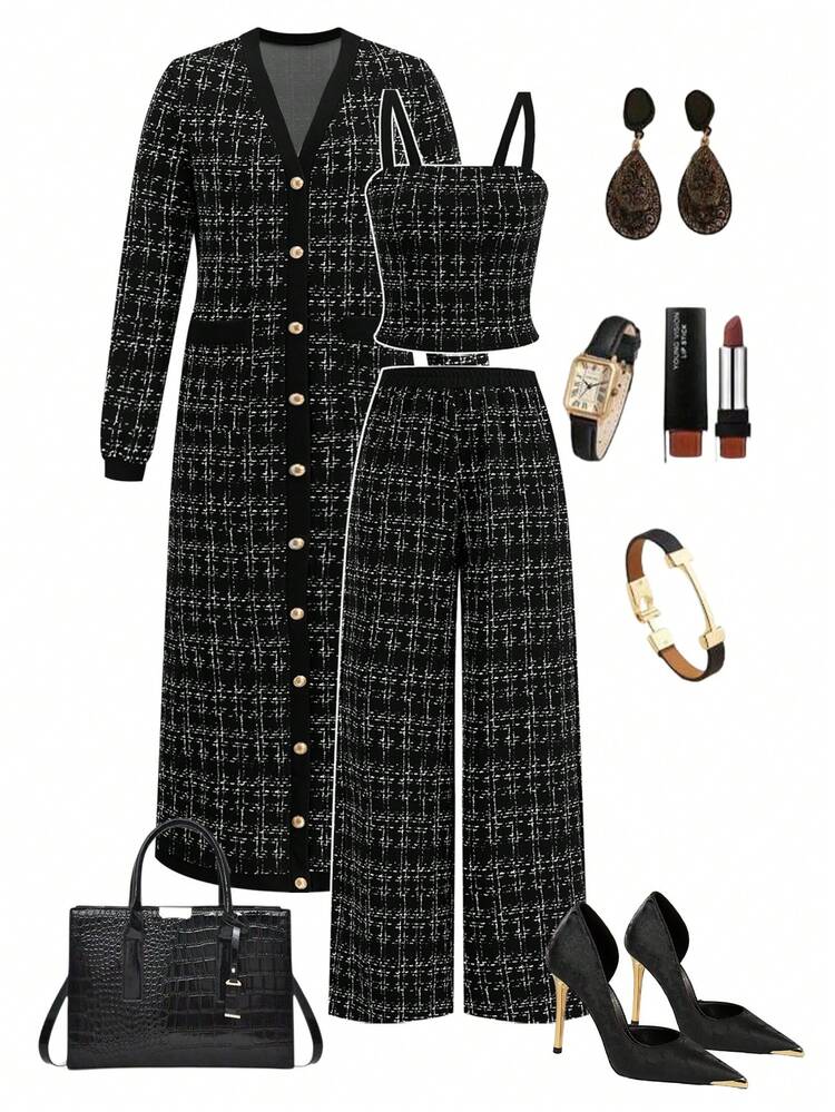 Ellevyn Women's 3-Piece Set: Casual Plaid Print Camisole, Wide Leg Pants, And Extra Long Jacket, Suitable For Daily, Work, And Commuting, Spring/Autumn  This Black Plaid Three-Piece Set (Coat, Vest, Trousers) Is An Elegant And Versatile Workwear Option. It's A Classic And Stylish Choice For Commuting Or Office Wear, And Can Also Be Worn In A Retro-Inspired Color-Blocked Design. Casual Sets For Women - Black - View 1