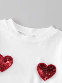2 pièces/set Jeune fille mignon décontracté T-shirt à manches longues col rond 3D en forme de cœur, assorti avec un pantalon évasé contrasté, convient pour le port décontracté en extérieur au printemps et en automne - Rouge et Blanc - Voir 5