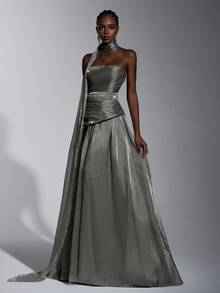 Elitara 优雅的橄榄绿褶裥胸衣，饰以手工水钻，蓬松的A字裙摆（可拆卸挂脖），适合所有正式场合、婚礼、派对，女士正式晚礼服 - 橄欖綠 - 查看 8