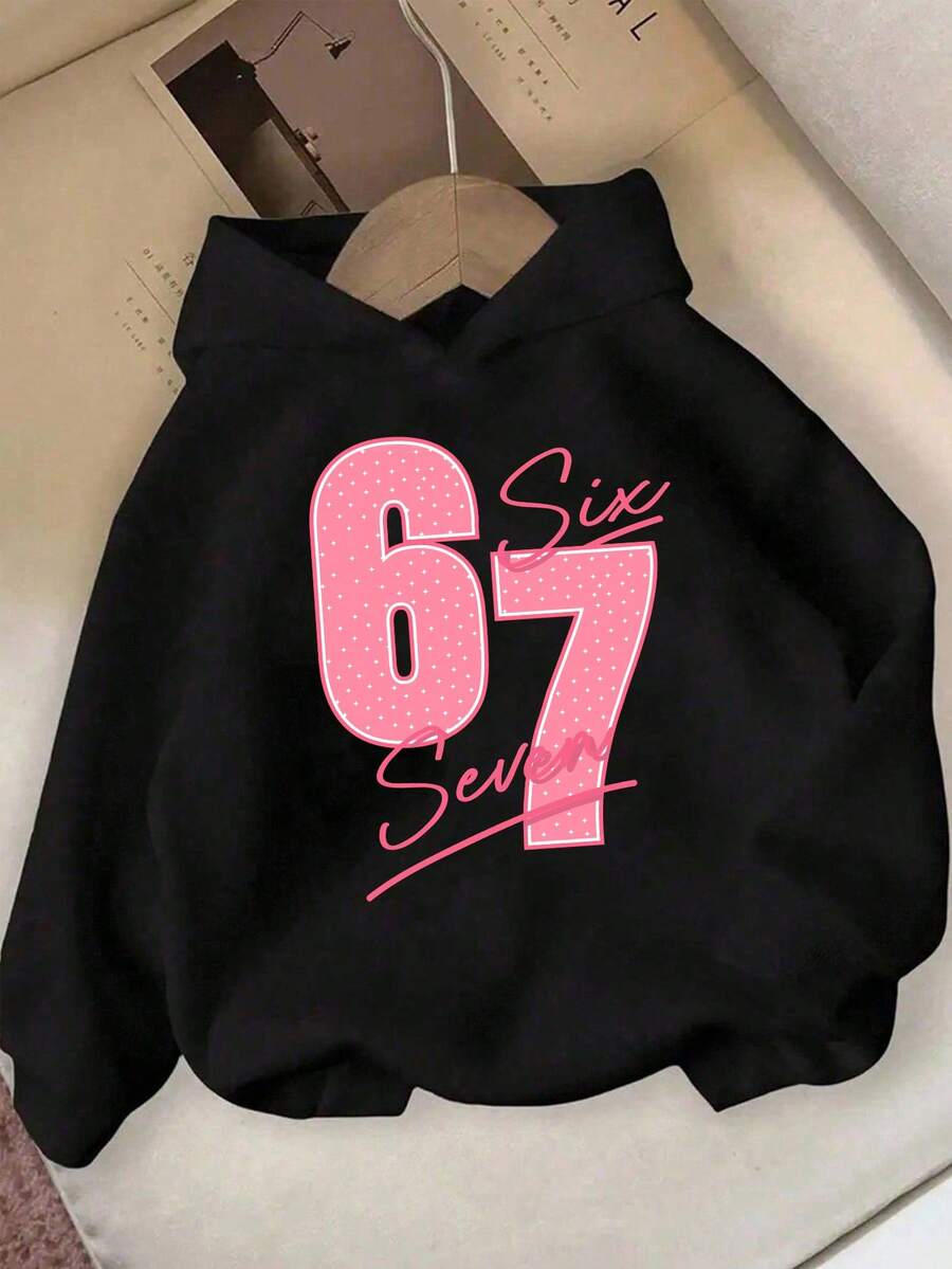 SHEIN Teen Girl Casual Fashionable Creative Simple Letter 67 Slogan Star Print Sweatshirt, Pink With Eye-Catching 67 Design, Heart And Star Graphic, Basic Round Neck Black With Hood - Black - View 1