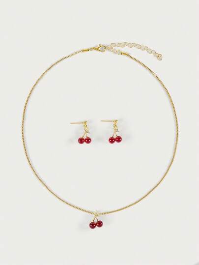Glisma 3 件装红樱桃耳环和锁骨链女士珠宝小众设计礼物，适合情人节，送给女朋友、妈妈、母亲、母亲节、礼物的最佳礼物