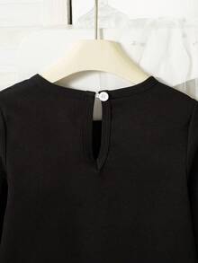 1pc Girls Young Girl Autumn New 2025 Black Round Neck Asymmetric Hem Splice Apricot Front Beaded Bow Detachable Elegant Princess Dress