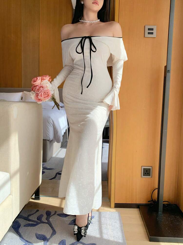 Women's Colorblock Textured Off-Shoulder Long Sleeve Flare Sleeve Dress, Elegant Long Gown Maxi Dress Sundress