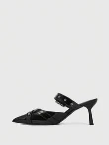 CUCCOO SZL Women's Pointed Toe Stiletto Heel Backless Pumps With Metal Buckle Decor Valentine's Day - Black - View 10
