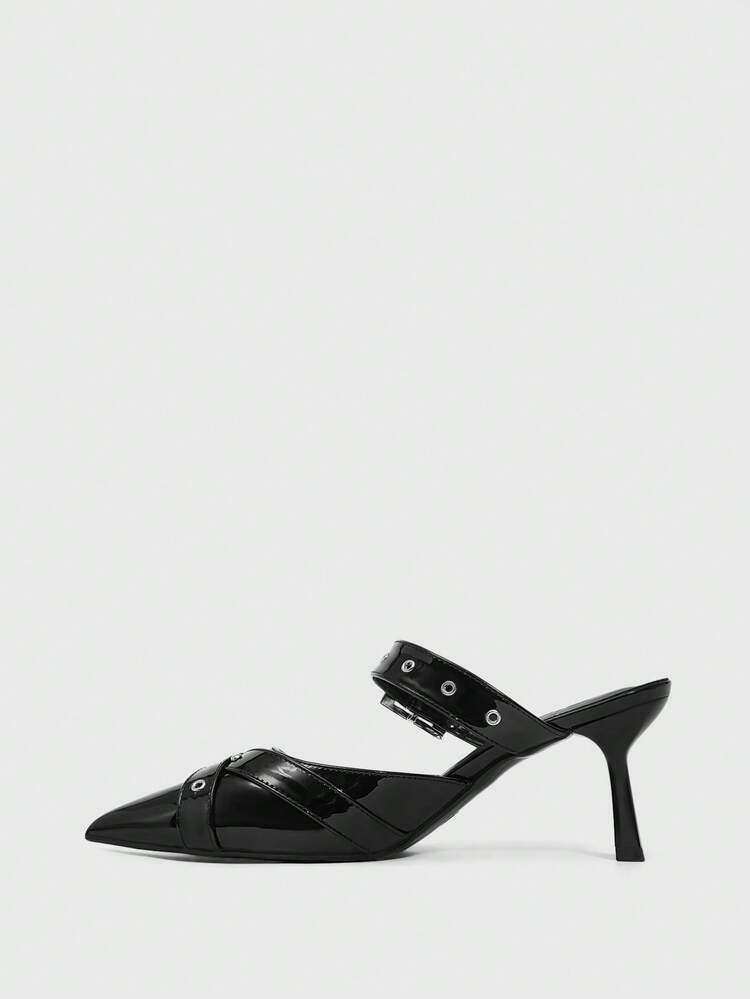 CUCCOO SZL Women's Pointed Toe Stiletto Heel Backless Pumps With Metal Buckle Decor Valentine's Day
