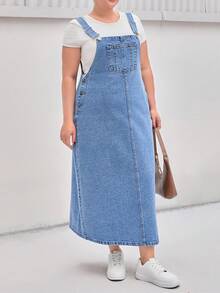 SHEIN Cottnline فستان جينز كاجوال طويل للنساء مقاسات كبيرة - أزرق متوسط - مشاهدة 1