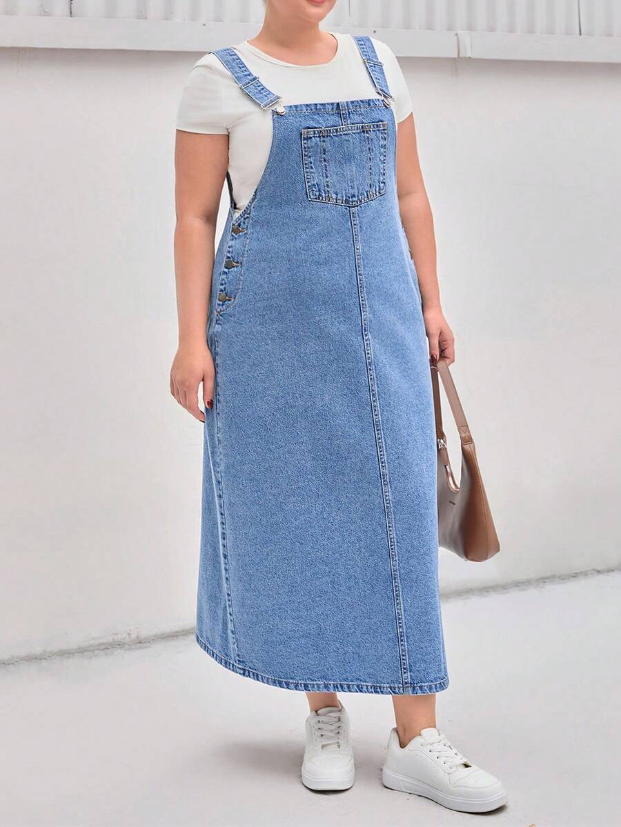 SHEIN Cottnline فستان جينز كاجوال طويل للنساء مقاسات كبيرة - أزرق متوسط - مشاهدة 1