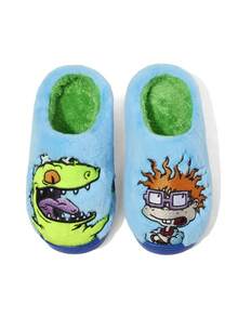 Nick 90s | SHEIN 可爱刺绣卡通男童蓝色儿童防滑室内拖鞋，适合幼儿和儿童，柔软毛绒保暖冬季家居鞋，轻便耐用EVA鞋底，适用于家庭卧室空调房，春、秋、冬季穿着，恐龙图案，不对称设计 - 藍色 - 查看 8