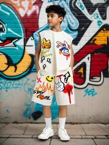 SHEIN 2Pcs Kids Tween Boy Casual Versatile Comfortable Graffiti Letter Street Fashion Print Crew Neck Sleeveless Loose Fit Top And Shorts 2 Pieces Knit Set, Suitable For School, Garden, Beach, Birthday, Spring/Summer