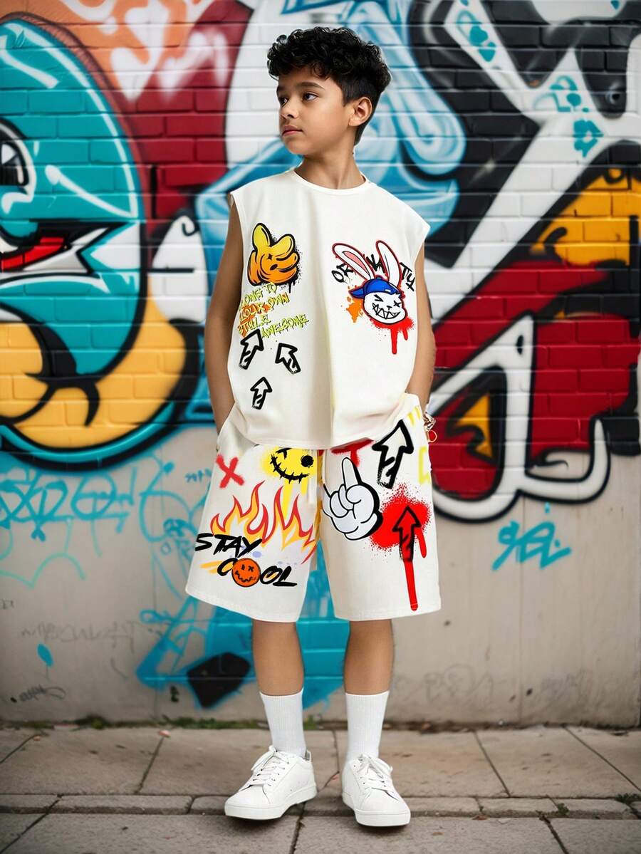 SHEIN 2Pcs Kids Tween Boy Casual Versatile Comfortable Graffiti Letter Street Fashion Print Crew Neck Sleeveless Loose Fit Top And Shorts 2 Pieces Knit Set, Suitable For School, Garden, Beach, Birthday, Spring/Summer