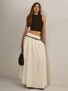 ATUI Studio 杏色亚麻松紧腰黑色腰带艺术垂褶裙 - 杏色 - 查看 5