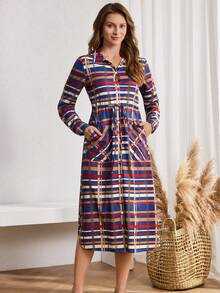 Miaspire Váy dài vừa phải, họa tiết sọc khối màu đơn giản, cài nút phía trước cho kỳ nghỉ - Nhiều màu - Xem 3