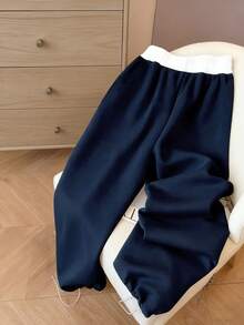 Resyla Women's Casual Sports Commuting Embroidered Contrast Color Drawstring Waist Loose Wide Leg Sweatpants - Navy Blue - View 2