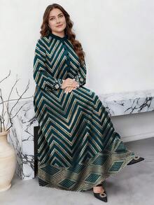 SHEIN Najma 大码女式复古几何花卉印花橄榄绿春秋季时尚纽扣领长袖连衣裙 - 彩色 - 查看 1