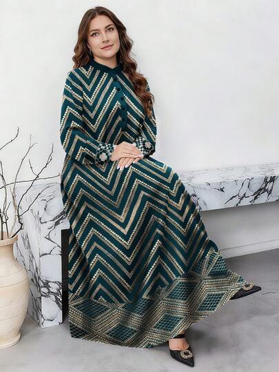 SHEIN Najma Plus Size Women Vintage Geometric Floral Print Olive Green Spring/Autumn Fashion Button Collar Long Sleeve Dress, Modest Dress Turkish Dress