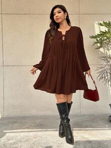 SHEIN Frenchy Plus Size Women's Casual, Vacation, Daily Commute Simple Solid Color Knot Front Lantern Sleeve Fold Pleated Loose Dress, Spring/Autumn - Coffee Brown - View 3