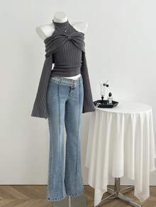 Elamini Y2K 时尚休闲铆钉装饰低腰喇叭牛仔裤 - 中等水洗藍 - 查看 5