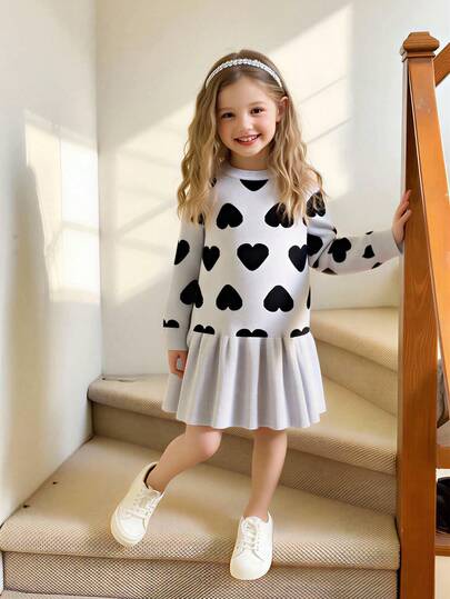 Young Girls Floral Jacquard Knit Sweater Dress, Crew Neck Regular Fit Cartoon Flower Pattern Knitwear Dress, Soft & Comfortable, Suitable For Spring, Autumn, Winter, Daily Wear, Outings, Travel, Vacation, Home, Daycare, Kids Play Girls Spring And Autumn Dress Fall Dress For Girl Long Sleeve Dress For Girls Girl Clothes Autumn And Winter Clothes Kids Polka Dot Dress Girls Long Sleeve Dress Girls Dress With Hearts Girl S Spring And Autumn Dress Kids Heart Print Dress Girls Heart Print Dress Kids F