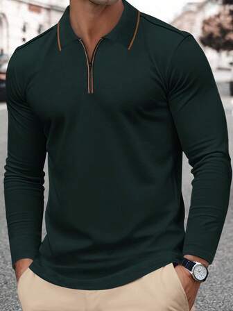 Manfinity Mode Camisa polo masculina casual de manga comprida com meio zíper e detalhes contrastantes