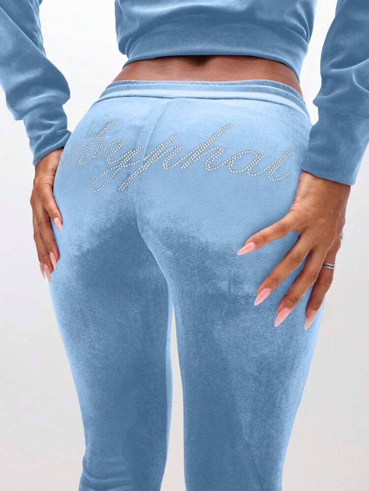 BABYPHAT ラインストーン装飾付き ベロア素材 ローライズ フレアレッグ レディースルームパンツ