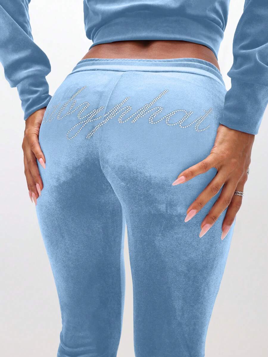 BABYPHAT 女士低腰丝绒水钻装饰喇叭裤休闲裤 - 淺藍色 - 查看 1