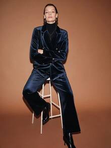 Lumivelle Women's Notched Collar Fleece Double-Breasted Front Long Sleeve Top And Pants Formal Suit Set, Commuting Style - Royal Blue - View 2